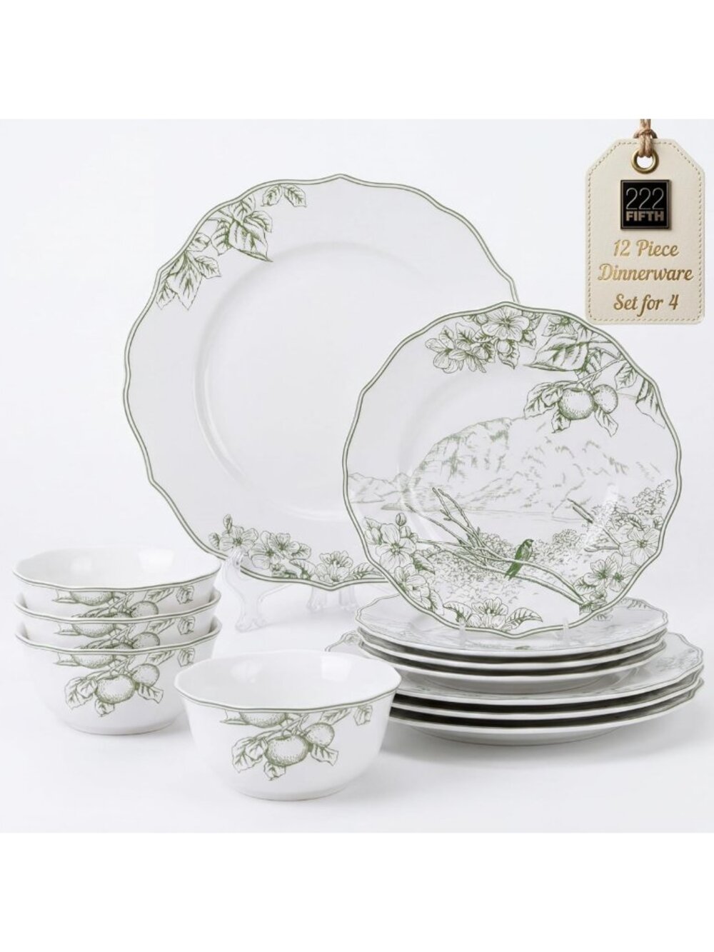Elegant Floral 12-Piece Dinnerware Set for 4, Chip Resistant, Microwave